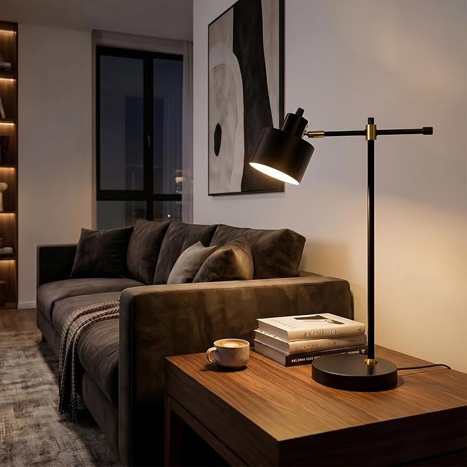 OYEARS 22.2" Modern Desk Lamp, Metal Table Lamp with LED Bulb, Adjustable Reading Lamps for Living Room, Mid Century Task Lamp for Home Office, Industrial Bedside Lamps with Solid Base,Black