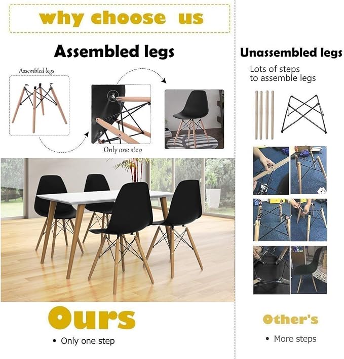 Giantex Dining Chairs Set of 2 Black, Pre Assembled Mid Century Modern Dining Chairs with Wood Legs, Armless Kitchen Chairs, Plastic Dining Side Chair for Dining Room, Kitchen, Living Room