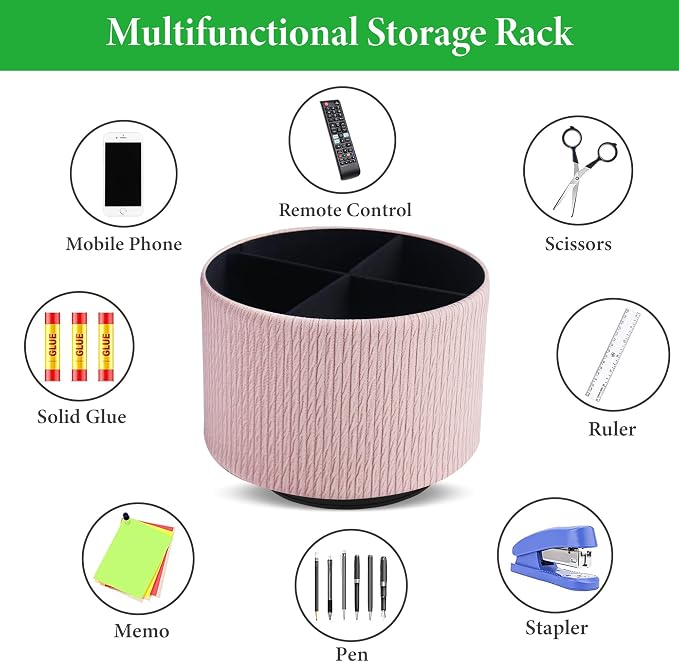 Round Leather Art Supply Organizer,Remote Control Holder,360 Degree Spinning,Multi-Functional Pencil Holder,4 Compartments Desktop Stationary Organizer(1-Wood Pink2)