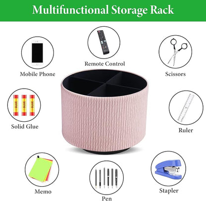 Round Leather Art Supply Organizer,Remote Control Holder,360 Degree Spinning,Multi-Functional Pencil Holder,4 Compartments Desktop Stationary Organizer(1-Wood Pink2)