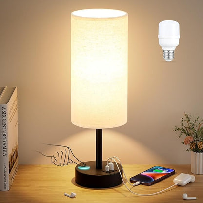 Dicoool Beige Touch Lamp for Bedroom with USB - 3 Way Dimmable Table Lamp for Nightstand, Small Lamp with Black Charging Station for Desk Dorm, Office, Nursery