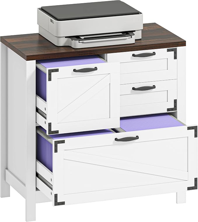 HOMCOM 4 Drawer File Cabinet, Farmhouse Lateral Filing Cabinet with Adjustable Hanging Rails for Letter/A4/Legal Size Files, Printer Stand for Home Office, White
