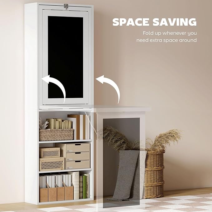Foldable Wall Mounted Desk with Storage Shelves & Blackboard, Fold-Out Convertible Writing Table for Small Spaces | Space-Saving Floating Computer Desk for Home Office (White)