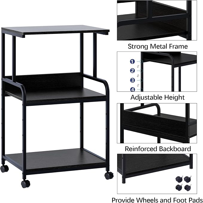 Arbuxzuy Printer Stand with Storage Shelf,3 Tier Printer Cart with Wheels,Mobile Printer Table for Home Office,Stands for Heat Press Scanner Fax,Industrial Style (Black)