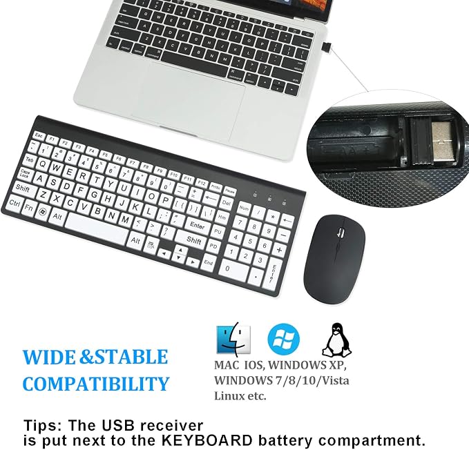 Full Size Large Print 2.4g Wireless Keyboard and Mouse with Oversized Print for Visually Impaired Low Vision Individuals (Black)