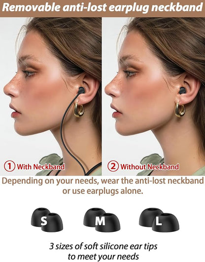 HALLEAST Earplugs for Concert, Noise Reduction, Hearing Protection, with Removable Ear Plug Lanyard, Safety Connector Cord Strap Neckband – SNR 26dB, NRR 14dB, Black Plug + Black Tip