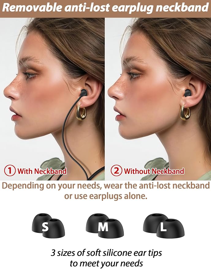 HALLEAST Earplugs for Concert, Noise Reduction, Hearing Protection, with Removable Ear Plug Lanyard, Safety Connector Cord Strap Neckband – SNR 26dB, NRR 14dB, Black Plug + White Tip