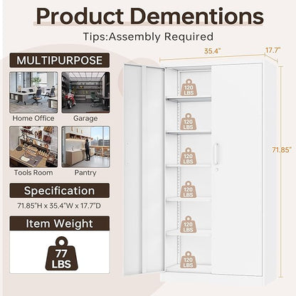 72"H Metal Storage Cabinets, Tall Locking Garage Cabinet with 2 Doors and 5 Adjustable Shelves, Steel Utility Tool Caninet, White Lockable Outdoor Storage Cabnet for Pantry, Garage, Home Office