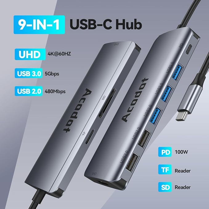 USB C Hub, 9-in-1 Multi-Port USB Adapter, 4K@60Hz HDMI, 100W Max PD, 3 USB3.0(5Gbps) + 2 USB2.0 Data Ports, SD/TF Card Reader for MacBook, iPad Pro, Dell, HP, Lenovo, Windows Laptop