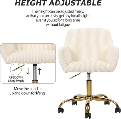 KCC Corduroy Fabric Vanity Makeup Desk Chair, Fluffy Swivel Modern Armchair with Wheels, Upholstered Fuzzy Height Adjustable for Girls Home Office, Beige