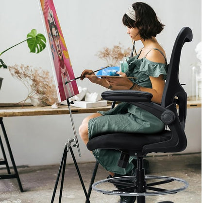 Drafting Chair, Ergonomic Tall Office Chair for Standing Desk, Counter Height Desk Chair with Adjustable Padded Armrests and Footrest Ring Standing Desk Chair Adjustable Height with Lumbar Support
