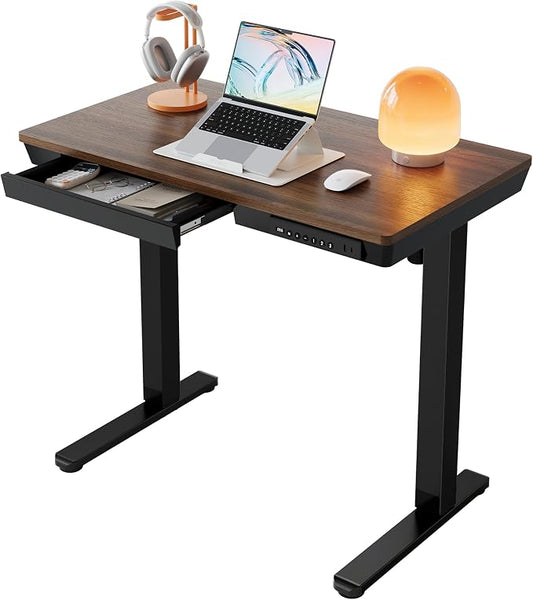 HUANUO Electric Standing Desk with Drawers, 35 X 20 Inch Electric Adjustable Height Desk, Quick Install One-Piece Tabletop with USB Charging Ports, Sit to Stand Up Desk for Home Office, Black Walnut