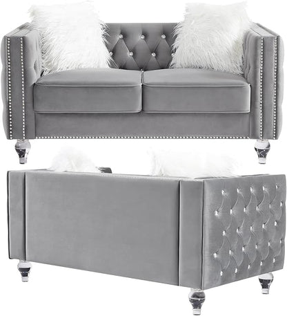 mikibama Velvet Loveseat with Buttons and Square Arms 59 Inch Tufted Sofa with Trimmed Nailhead and Metal Legs Loveseat Couch for Living Room, Bedroom (Grey-Crystal Legs, Loveseat)