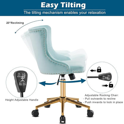 VINGLI Light Blue Armless Home Office Desk Chair with Gold Base/Wheels, Small Cute Vanity/Makeup Chair with Back for Bedroom, Upholstered Adjustable Rolling Swivel Nail Chair for Women/Girls