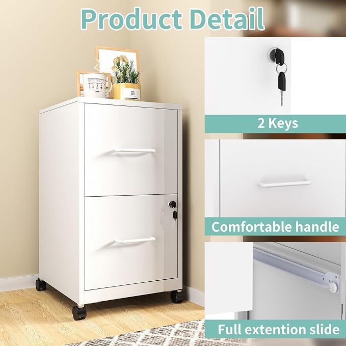 AQY 2 Drawer Mobile File Cabinet with Lock, Rolling Metal Filing Cabinets for Home Office, Vertical File Cabinet on Wheels, Small White File Storage Cabinets for Legal/Letter/A4 Files Assembly Require