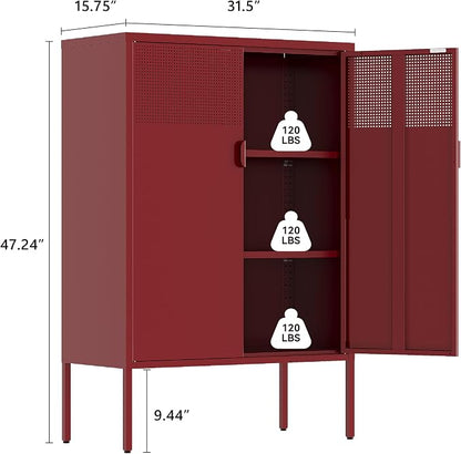 Metal Storage Cabinet,2 Door TV Stand, Metal Mesh Accent Cabinet,Magnetic Door Closure,Low Storage Cabinets with Doors and Shelves