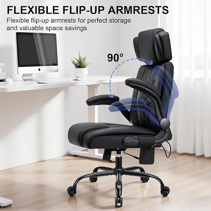 HOFFREE Executive Office Chair Ergonomic Computer Chair Comfy with Adjustable Lumbar Support and Headrest Swivel Rolling Office Chair with Flip-up Arms for Work,Study(Black)