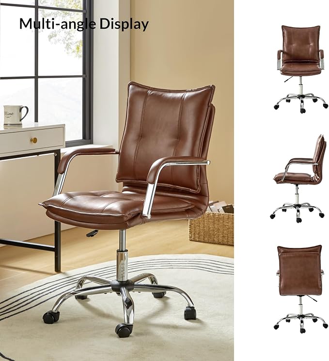 HULALA HOME Faux Leather Home Office Desk Chair, Adjustable Swivel Computer Chair with Sliver Legs and Arms, Comfy Upholstered Task Chair(Brown)