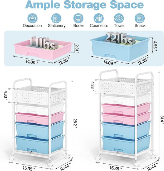 5 Drawer Rolling Storage Cart with Pegboard Top and Hooks, Mobile Organizer Cart with Wheels for Office Supplies, Craft Storage, Classroom Organization, Home Utility Cart, Pink&Blue