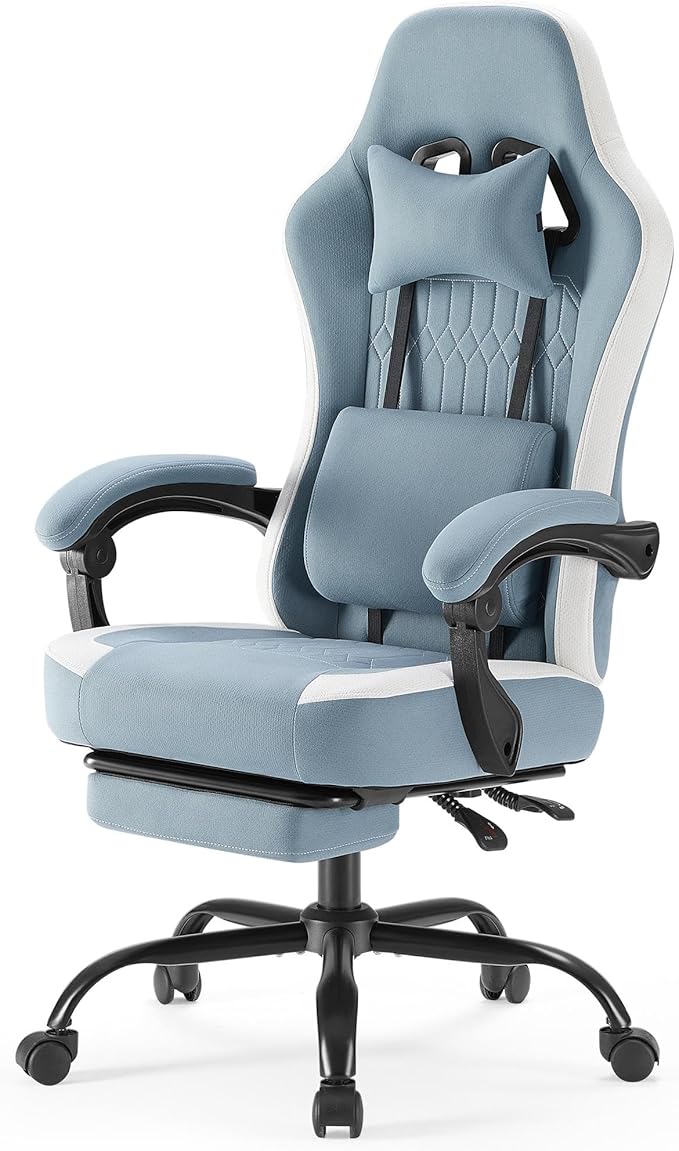 NEWBULIG Gaming Desk Chair - High Back Computer Office Chair with Footrest and Headrest, Comfy Ergonomic Lumbar Support with Linkage Armrests, Height Adjustable and 360° Swivel Wheels, Blue