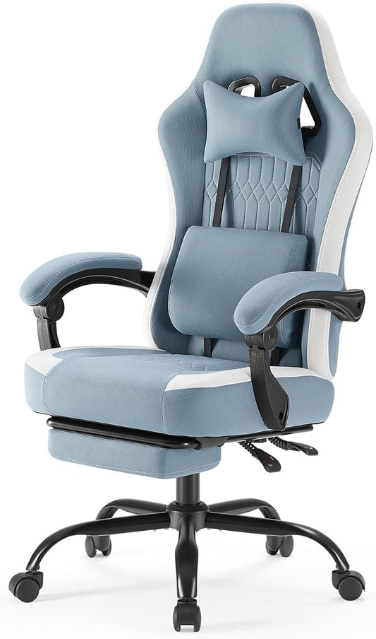 NEWBULIG Gaming Desk Chair - High Back Computer Office Chair with Footrest and Headrest, Comfy Ergonomic Lumbar Support with Linkage Armrests, Height Adjustable and 360° Swivel Wheels, Blue