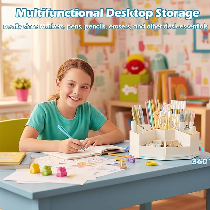 360 Degree Rotating Desk Organizer Caddy with 9 Compartments, Large Capacity Detachable Pencil Holder for Desk, Multifunctional Desktop Storage for Office, School, Home, Dressing Table, Pink