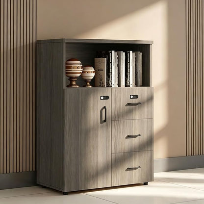 File Cabinet with Password Lock, Wood Lateral Filing Cabinet for Letter/A4 Files, 3 Drawer with Door, Printer Stand with Open Shelves for Home Office