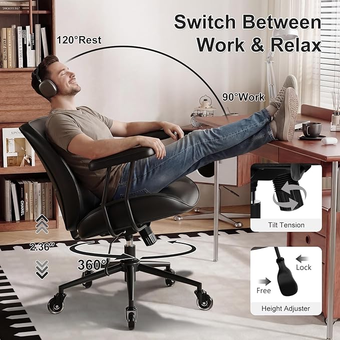 BFZ Home Office Desk Chair, Adjustable Comfy Office Chair with Wheels,Leather Office Chair with Removable Armrests, Office Desk Chair with Lumbar Support for Home Office or Workspace, Black