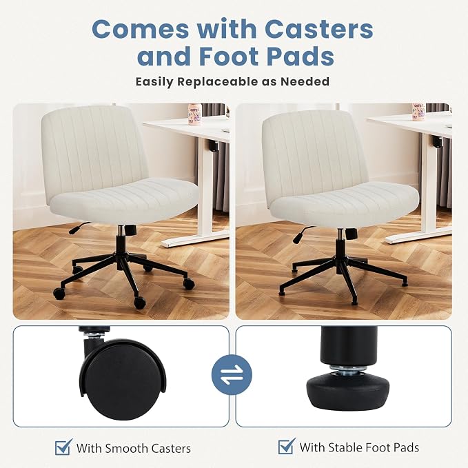 DUMOS Criss Cross Chair with Wheels, Wide Cross Legged Office Desk Vanity Chairs, Armless Height Adjustable Swivel Chairs for Home Computer Task, Fabric, Beige Wheel