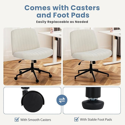 DUMOS Criss Cross Chair with Wheels, Wide Cross Legged Office Desk Vanity Chairs, Armless Height Adjustable Swivel Chairs for Home Computer Task, Fabric, Beige Wheel