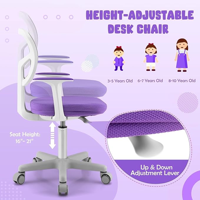 Kids Desk Chair, Height Adjustable Children Study Chair w/Lumbar Support, Swivel Mesh Seat, Universal Casters, Ergonomic Kids Task Chair for Boys Girls Aged 3-10, Home, School, Office (Purple)