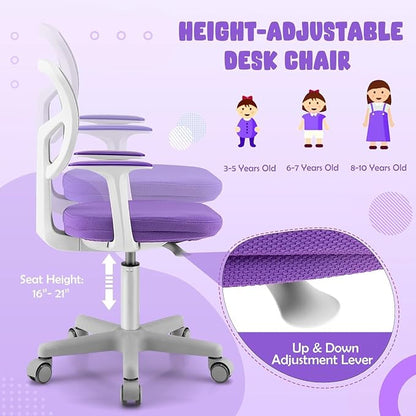 Kids Desk Chair, Height Adjustable Children Study Chair w/Lumbar Support, Swivel Mesh Seat, Universal Casters, Ergonomic Kids Task Chair for Boys Girls Aged 3-10, Home, School, Office (Purple)