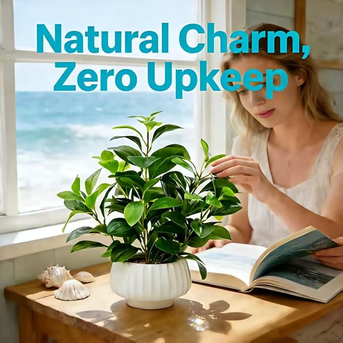 Artificial Peperomia Plants 16.5” Tall Lifelike Faux Greenery in 6” White Ribbed Ceramic Planter Realistic Indoor Fake Potted Plant for Home Office Desk Shelf Bathroom Bedroom Farmhouse Decor