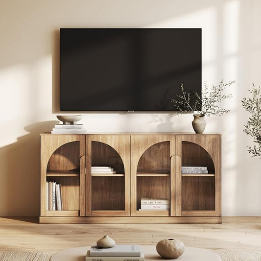 BELLEZE 64" Kitchen Storage Cabinet with Adjustable Shelves, Freestanding Accent Cabinet with Arched Glass Doors for Living Room, Dining Room, Entryway, Camel