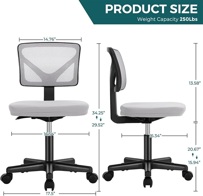 DUMOS Small Office Chairs with Wheels, Ergonomic Adjustable Home Desk Swivel Rolling Task Chair No Arms, Comfy Mesh Mid Back Computer Work Vanity Desk Chairs for Small Spaces, Dark Grey