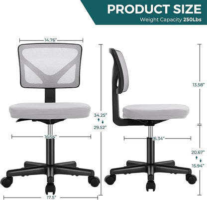 DUMOS Small Office Chairs with Wheels, Ergonomic Adjustable Home Desk Swivel Rolling Task Chair No Arms, Comfy Mesh Mid Back Computer Work Vanity Desk Chairs for Small Spaces, Dark Grey