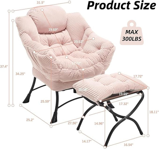 Modern Lazy Chair with Ergonomic Ottoman, Comfortable Lounge Chair with Footrest for Space Saving, Comfy Reading Armchair for Living Room, Bedroom, Office, Pink