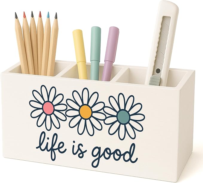 Inspirational Pen Pencil Holder for Desk, Motivational Gifts for Women, Trendy Preppy Daisy Flower Makeup Brush Toothbrush Holder for Vanity Bathroom