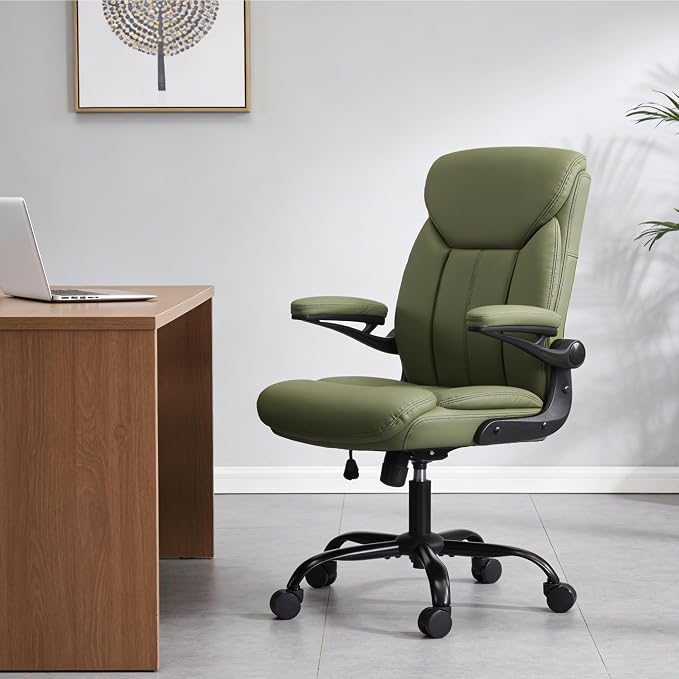 Home Office Ergonomic Desk Chair - Comfy Leather Executive Chair with Flip-Up Armrests, Height Adjustable Computer Chair for Gaming, 360° Swivel & Rocking (Green)