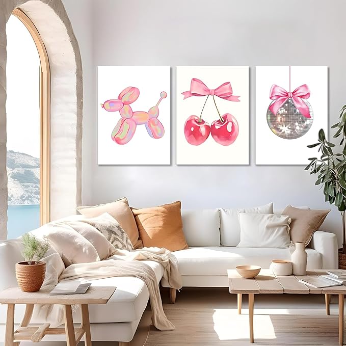 Trendy Pink Bows Canvas Wall Art Set of 3, Vintage Preppy Cherry Disco Ball Posters Wall Decor, Pink Girly Room Aesthetic Painting Prints for College Apartment Living Room Bedroom 12x16 In Framed