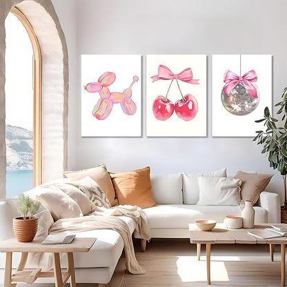 Trendy Pink Bows Canvas Wall Art Set of 3, Vintage Preppy Cherry Disco Ball Posters Wall Decor, Pink Girly Room Aesthetic Painting Prints for College Apartment Living Room Bedroom 16x24 In Framed