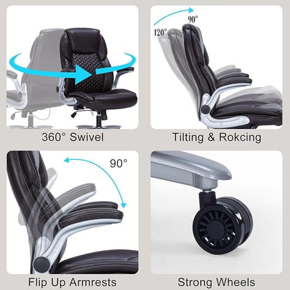 ZLHECTO® Big and Tall Executive Office Chair, PU Leather Swivel Desk Chair with Flip-up Arms, Adjustable Lumbar Support, Space-Saving Height Adjustable Rolling Computer Chair for Home & Office Use