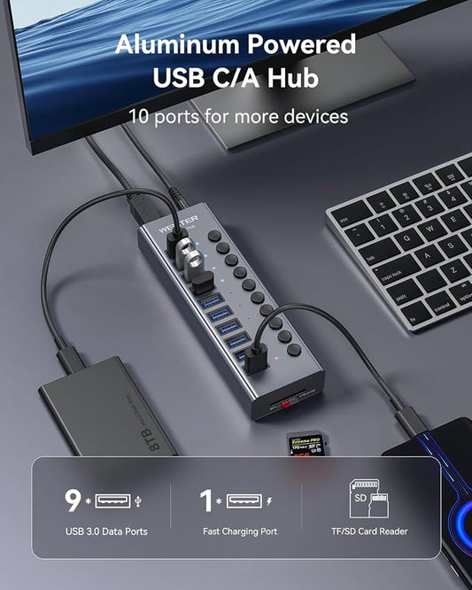 WENTER Powered USB Hub 3.0 with SD/TF Card Reader, Aluminum 10 Port Powered USB Hub (9 USB 3.0 Data Transfer Port & 1 USB Fast Charging Port Hub) USB 3.0 Hub for PC, Laptop
