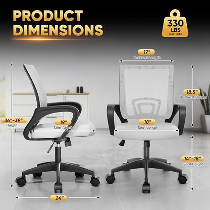 Magshion Ergonomic Office Desk Chair, Mid-Back Mesh Computer Chair, Swivel Chair with Breathable Backrest & Lumbar Support, Adjustable Height for Gaming, Work, Study, 300 Lbs Capacity, White