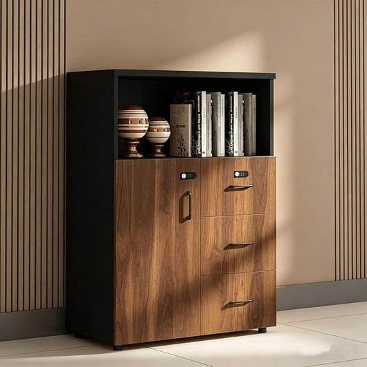 File Cabinet with Password Lock, Wood Lateral Filing Cabinet for Letter/A4 Files, 3 Drawer with Door, Printer Stand with Open Shelves for Home Office