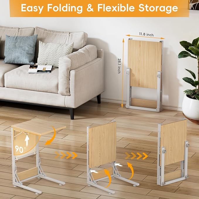 Folding TV Tray Table, Small Folding Side Table with Storage Bag, Portable C Shaped End Table for Couch Sofa Bed, Light Walnut