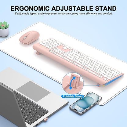Wireless Keyboard and Mouse Combo, Full-Size Silent Ergonomic Keyboard and Optical Mouse, Long Battery Life, 2.4G Lag-Free Mice Keyboard for Computer,Mac,Laptop,PC,Windows(White Pink)