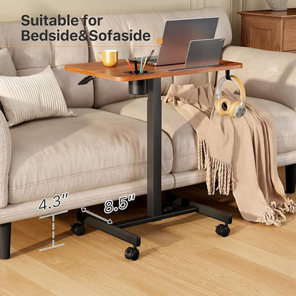 Mobile Standing Desk, Rolling Laptop Cart Adjustable Height with Cup Holder, 28 inch Portable Table with 4 Lockable Wheels, Walnut Computer Workstation with Hook and Slots for Home Office
