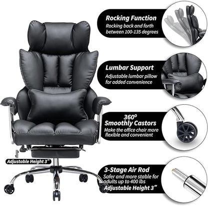 Efomao Big and Tall Office Chair with Foot Rest 400LBS, PU Leather Computer Chair, Heavy Duty Executive Office Chair with Lumbar Support, Black Home Office Chairs | 400lbs support, 135° recline, dual-layer foam cushion, 23.5" seat & footrest. BIFMA