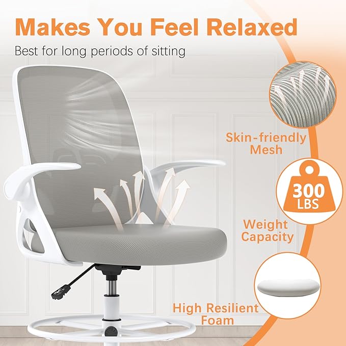 ORRSAKER Drafting Chair, Tall Office Chair with Flip-up Arms, Mesh Ergonomic Computer Standing Desk Chair with Adjustable Height Foot Ring and Lumbar Support, 300 LBS Capacity, Gray